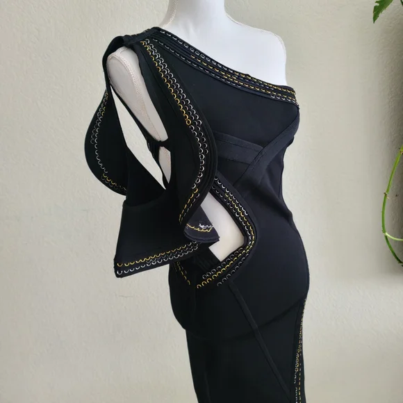 Herve Leger Black One-Shoulder Cutout Dress with Gold Trim - Picture 7 of 10